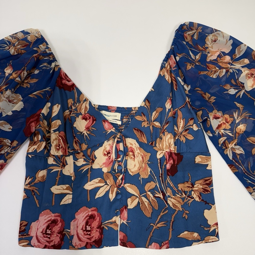 Urban Outfitters Cropped Long Sleeve Floral Top Womens Large Blue Boho - Picture 1 of 12